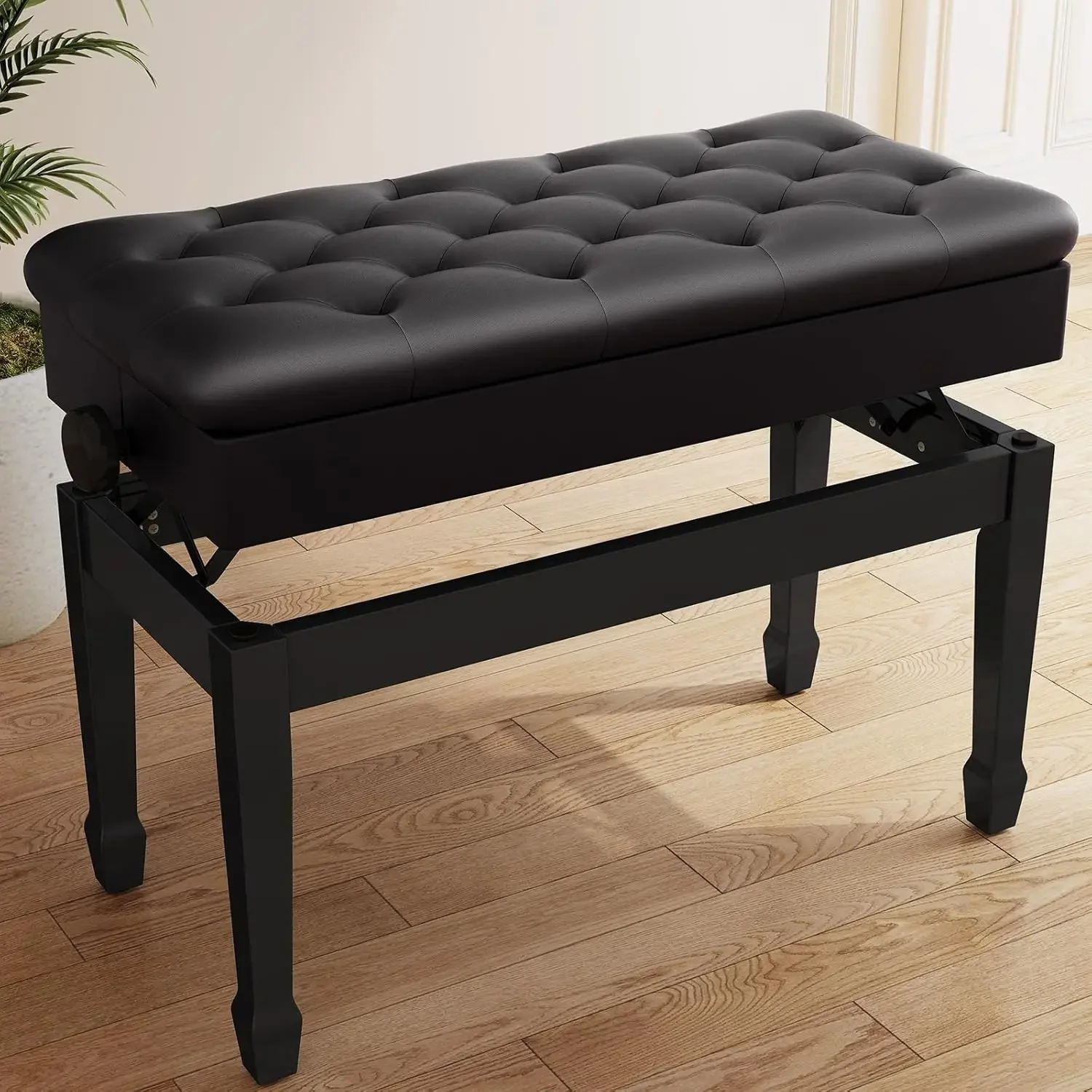 Heavy Duty Piano Bench w/ Leather Storage Double Piano Stool Chair Wooden Piano Benches with Cushion Adjustable, Double, Black