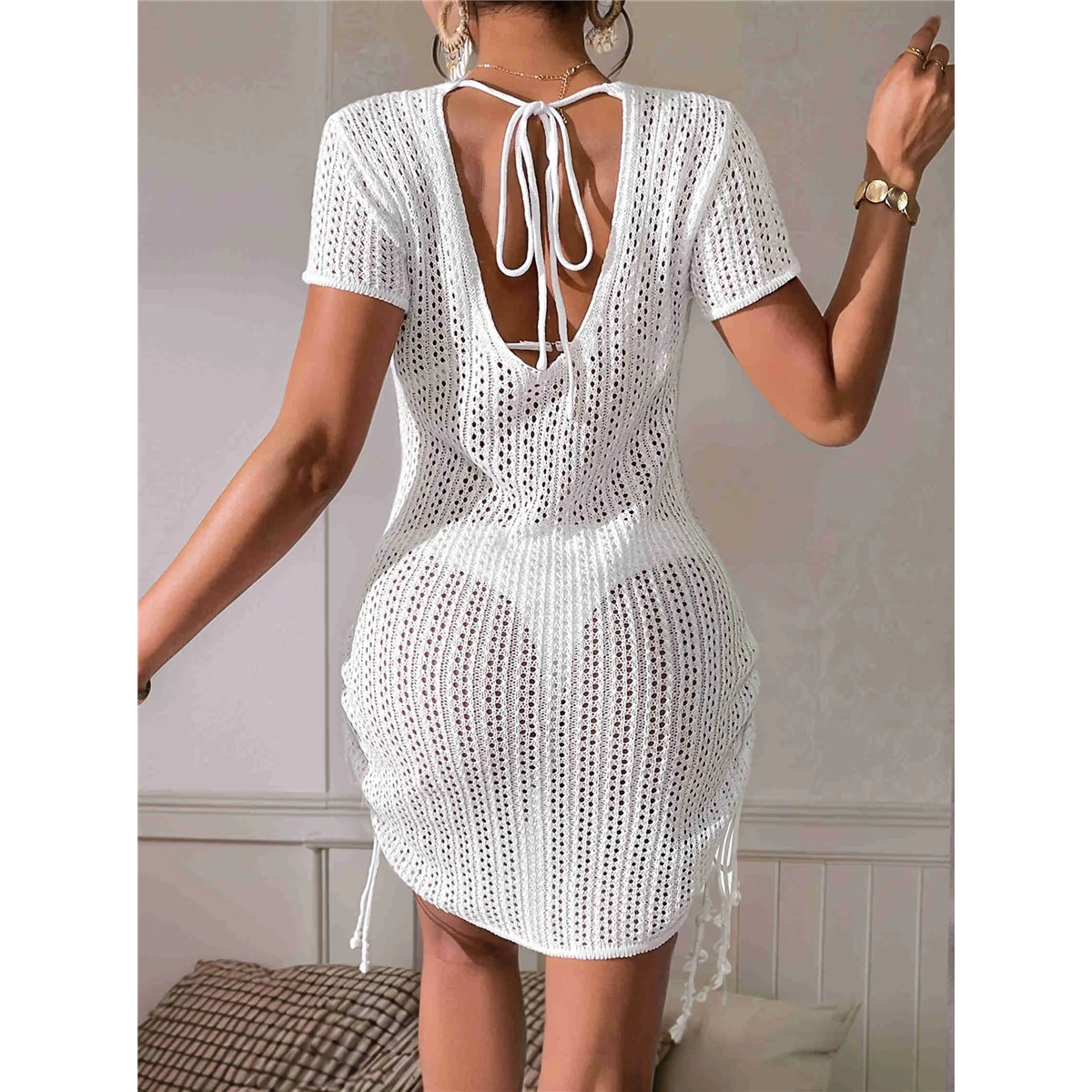 Strand cover-ups voor dames uitgehold gebreide bikini badmode badpak cover-up tuniekjurk met trekkoord