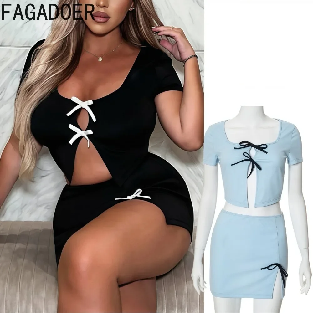 

FAGADOER Y2k Sexy 2 Piece Sets Women Outfit Bow Patchwork Hollow Out Crop Top And Mini Skirt Suit Female Streetwear Clothing New