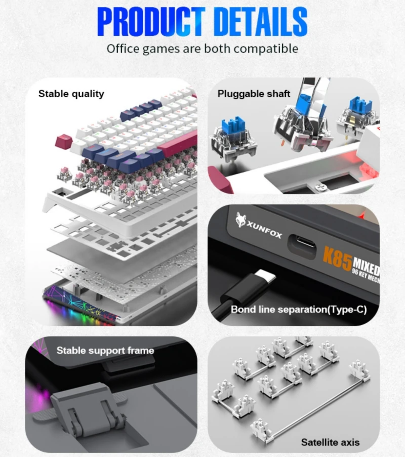 Imagem -06 - Teclado Mecânico com Fio Português Hot Swap 96 Teclas 96 Layout Espanhol Russo Coreano Árabe Teclado Mecânico tipo c Rgb Gaming K85