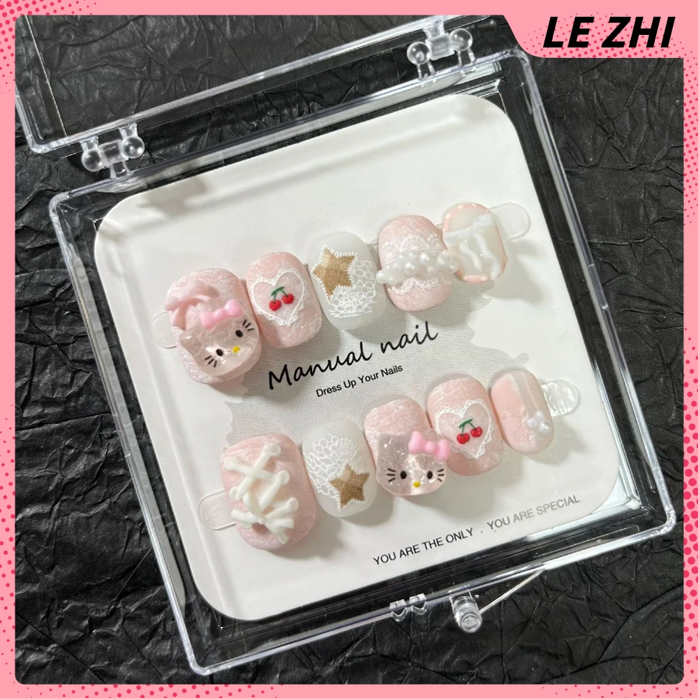 Kawaii Sanrio Hello Kittys Короткие квадратные круглые носимые ногти ручной работы с мультяшным кроликом, собакой, медведем, белкой, бантом, накладными ногтями