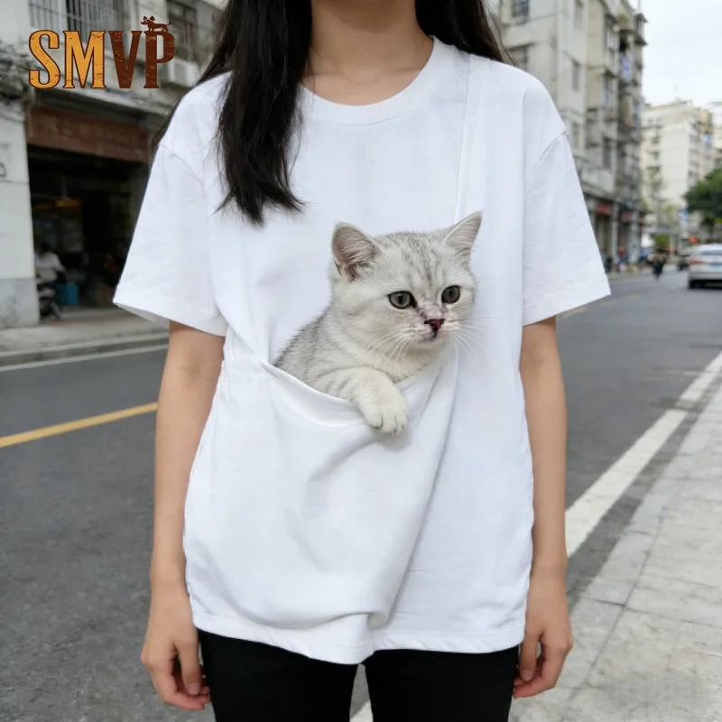 

Summer Pure Cotton Casual Tshirt with Kangaroo Pet Pocket Loose Fit Top To Hold Kitten Small Dog for Daily Travel Pet Clothes
