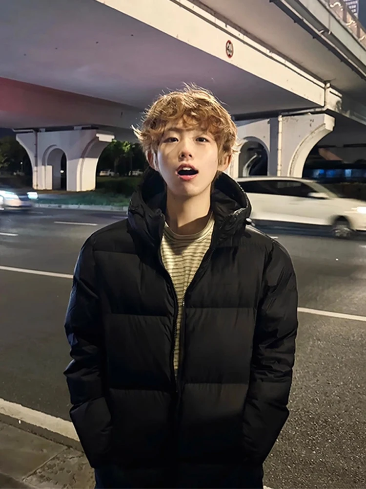 

Bla 90% White Du down Hooded Jaet Men's Winter Youth Bread Coat American Retro Warm Cotton Clothes Zipper Closure Long ...