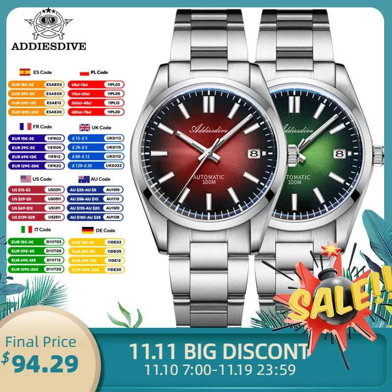 Addiesdive ساعة رجالي جديد التدرج الهاتفي الفاخرة الياقوت NH35 الميكانيكية مضيئة ساعة مقاوم للماء AD2071 الفولاذ المقاوم للصدأ ساعة اليد