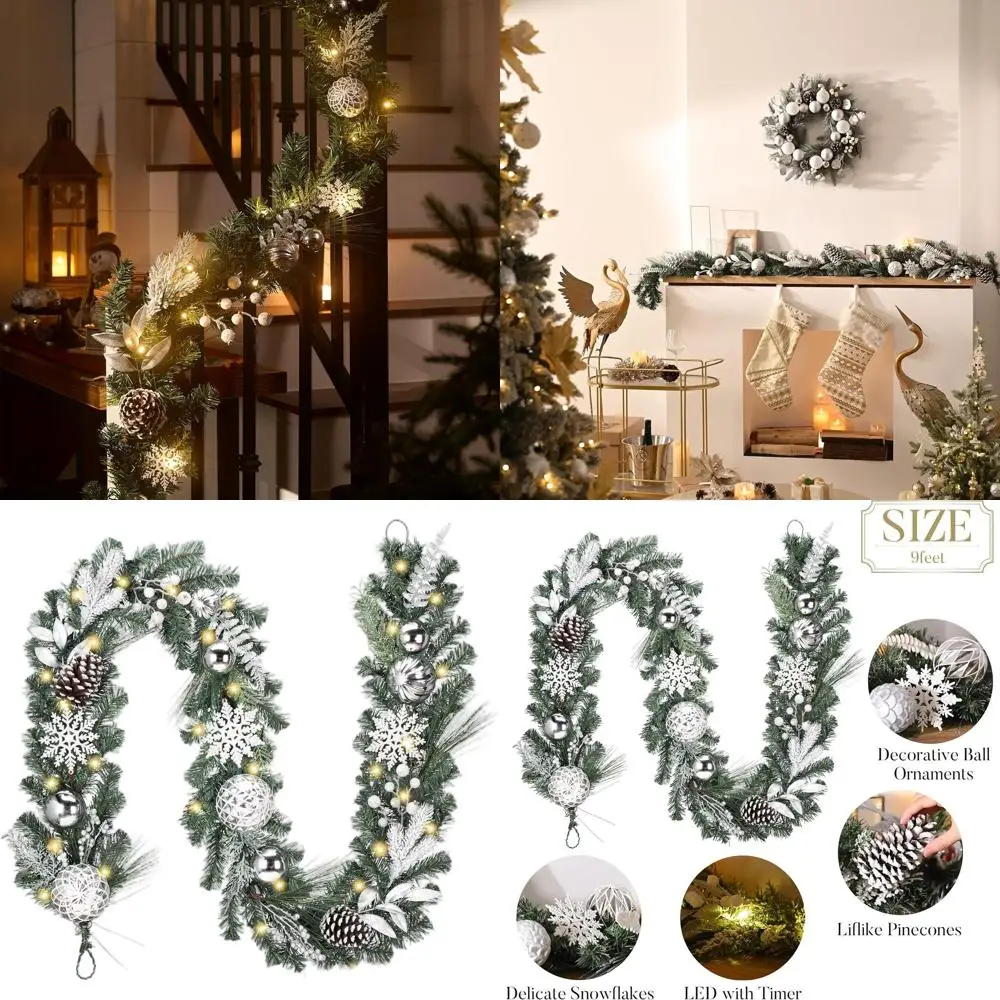 

9-Foot Silvery White LED Christmas Garland with White Balls and Pinecones for Mantel, Fireplace, or Table Indoor Decor