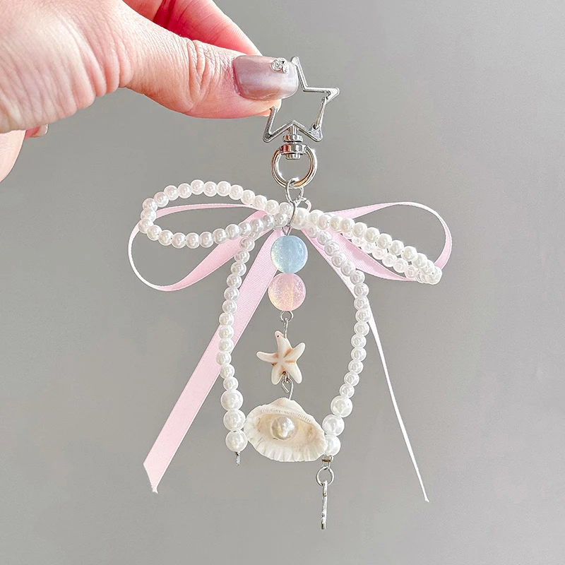 Pink Ribbon Bow Bag Pendant Pearl Shell Keychain Pendant Girly Heart Exquisite Pendant Bag Decor Keyring