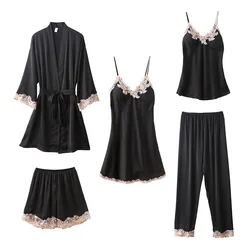 a-5PCS Women Bathrobe Gown Set Sleepwear Sexy Lace Pajamas Set Pyjama Femme Spring Summer Satin Nightwear Kimono Robe Home Wear