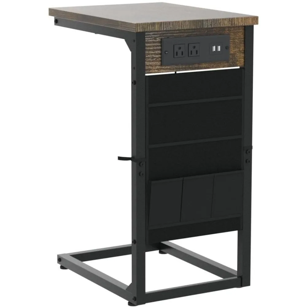 AMHANCIBLE Table d'appoint en forme de C avec station de recharge, plateau TV lot de 2, tables de canapé avec sac de rangement, table coulissante sous le côté du canapé