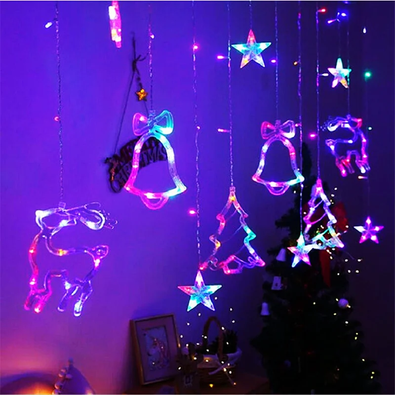 Creative 3.5M LED Deer Bell Xmas Tree Curtain String ไฟ EU Plug คริสต์มาส Garland Fairy ไฟสําหรับงานปาร์ตี้วันหยุดตกแต่ง