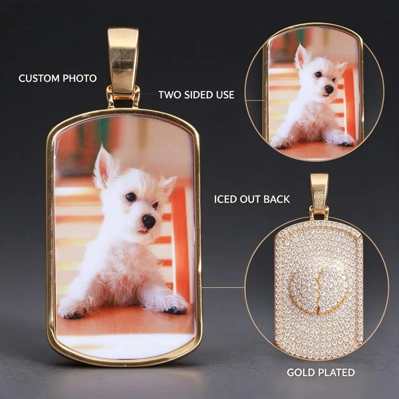 Custom Photo Tag Pendant Necklace for Men Women, Personalized Picture Memorial Pendant, Gold Plated Iced Out Back Cubic Zircon