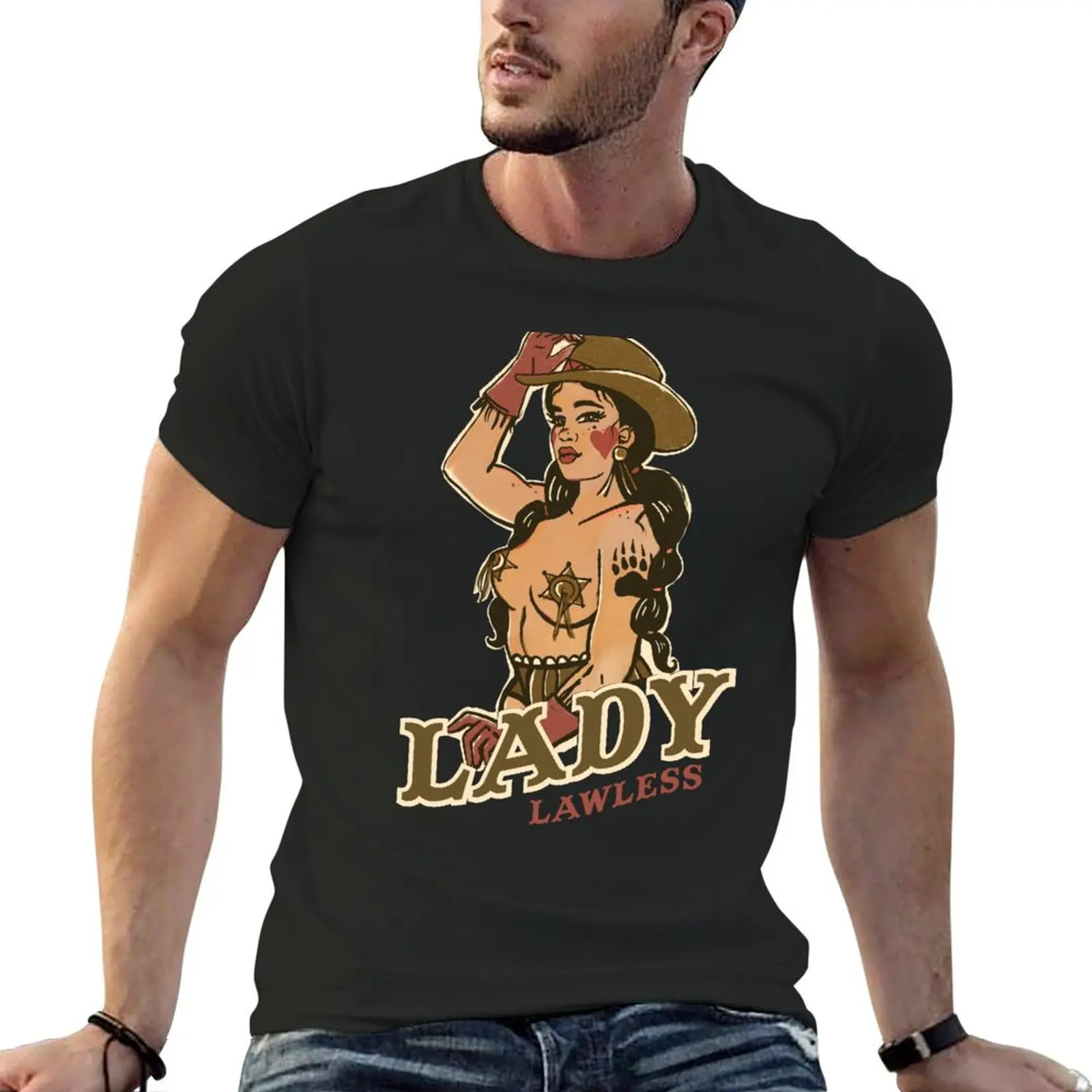 Lady Lawless: Sexy Vintage Pin Up Cowgirl Sheriff Topless With Pasties T-Shirt custom shirt new edition luxury clothes men