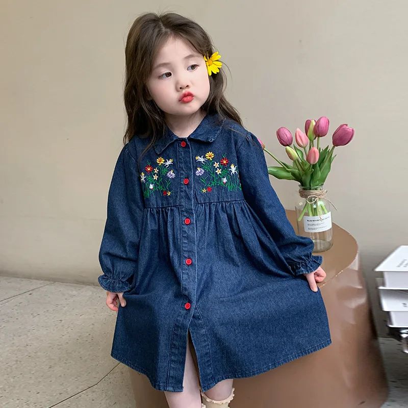 

Girls Embroidery Flower Denim Dress Spring Autumn Lapel Long Sleeve Single-breasted A-Line Dresses Girls Princess Dress