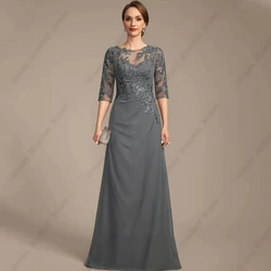 Grey Half Sleeve Mother of Bride Dresses with Lace 2024 Summer Beach Wedding Party Dresses Chiffon Vestido De Novia Zipper Back