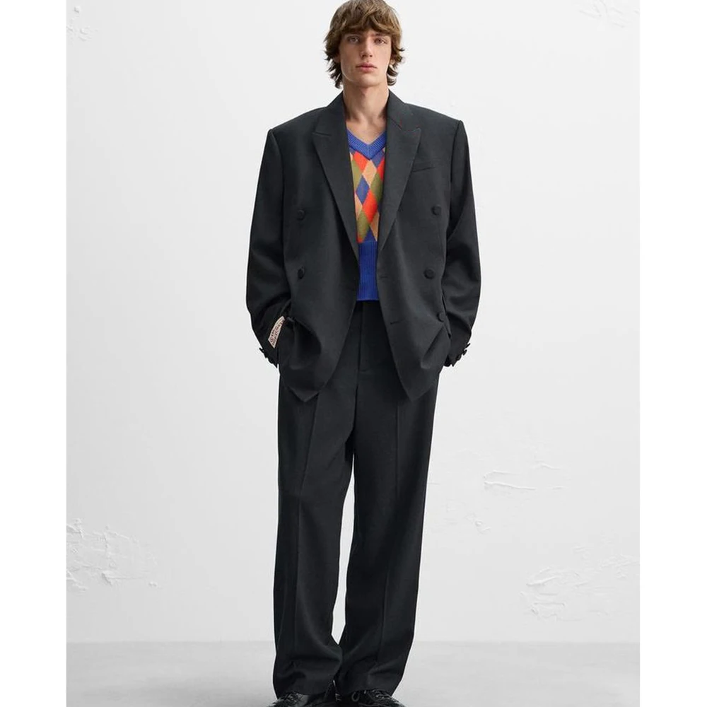 

Chic Blak Double-Breasted Men Blazer &Wide-Leg Pants 2 Piece Set Loose Fit Peak Lapel Office Party Widding Male Clothing Outfits
