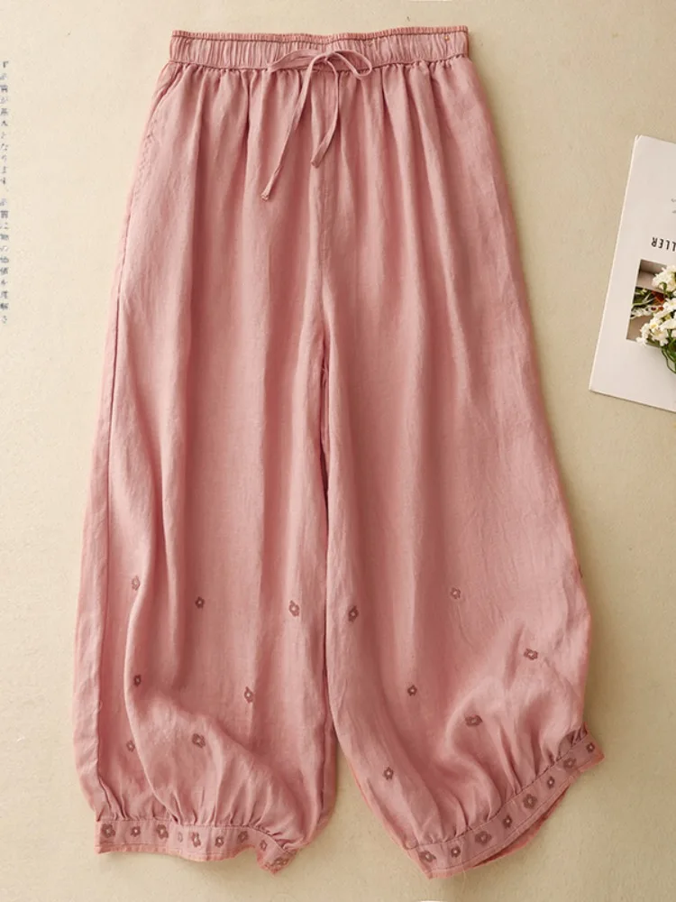 

Retro Embroidered Cotton Linen Lantern Pants Women's Spring Summer Elastic Waist Belted Anti-Aging Linen Material Casual Wide...