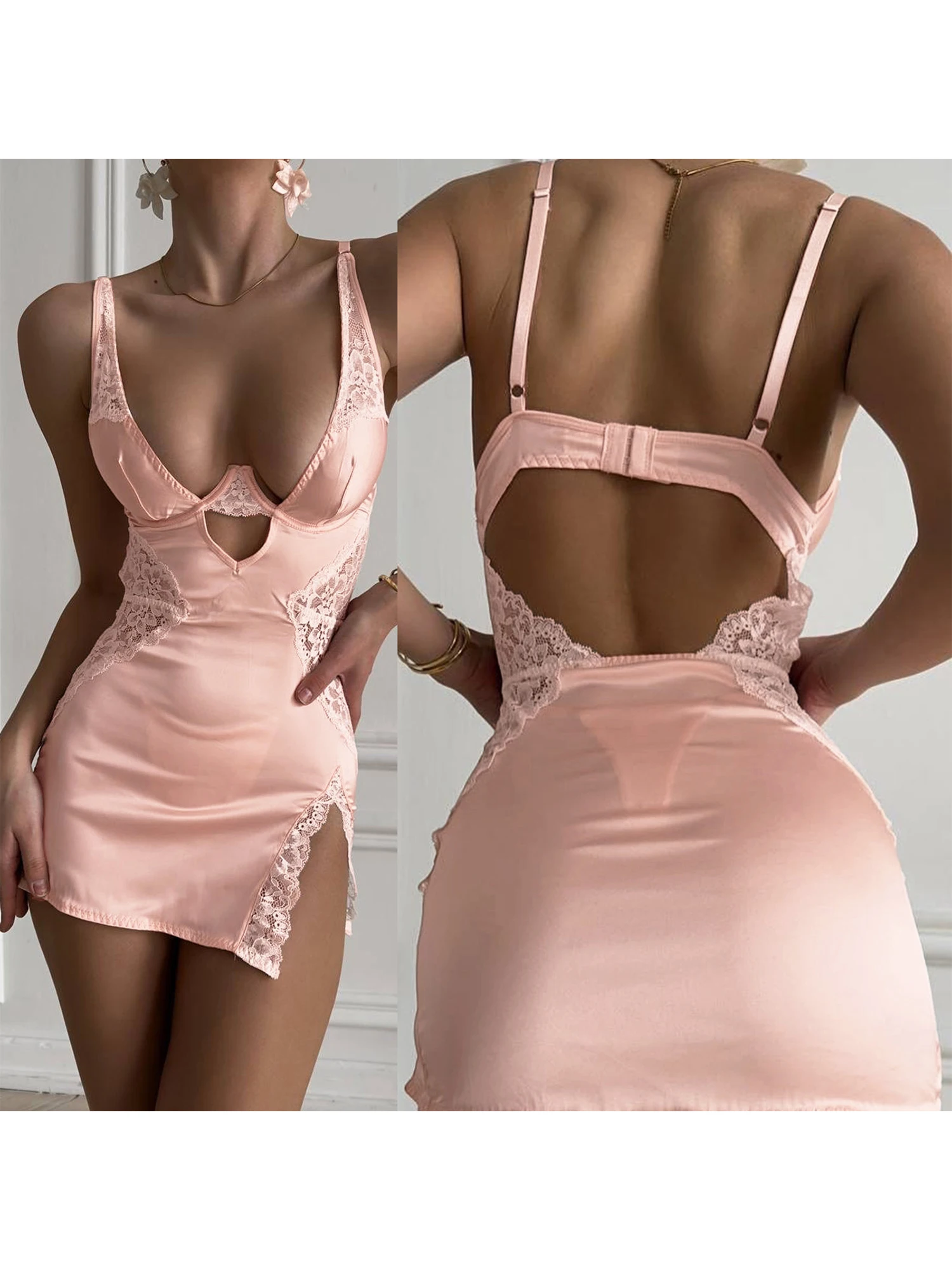 Conjunto de lingerie sexy de renda com design de fenda e tanga combinando – vestido babydoll sedutor com alça espaguete para mulheres – conjunto de 2 peças