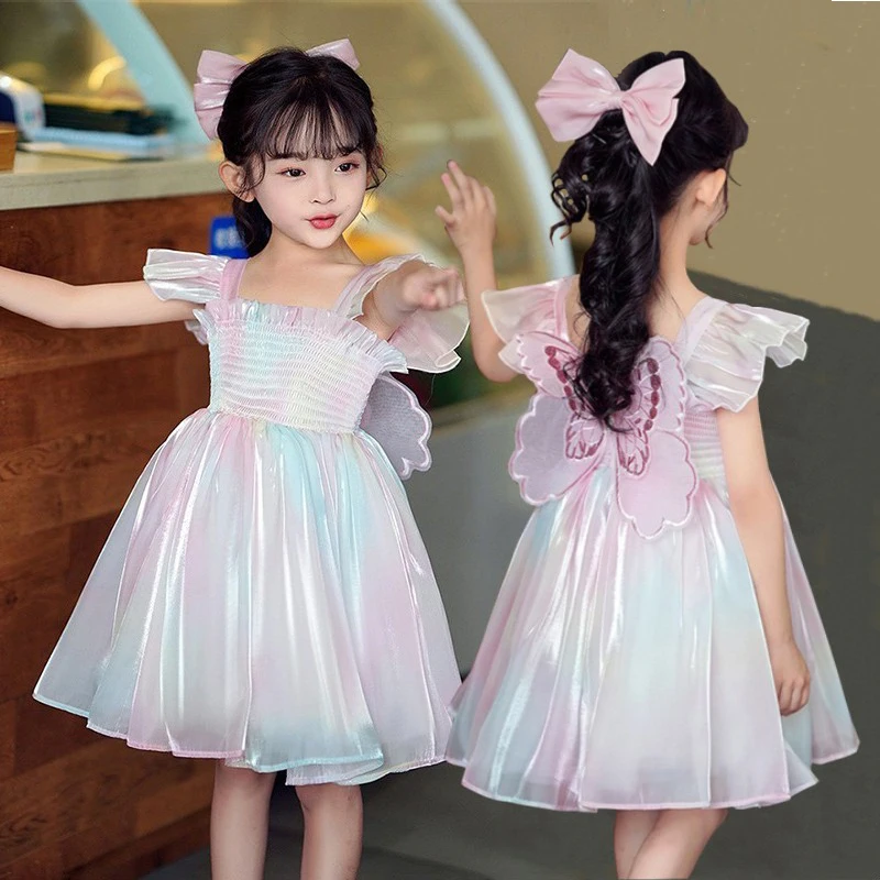 Girs Sling Dress Kids Gradient RainbowTulle Butterfly Decoration Summer Vestido Princess Christmas Birthday Party Princess Dress