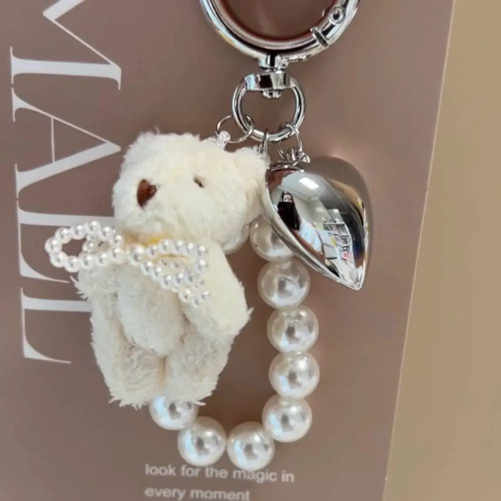 Kawaii Sweet Fluffy Plush Bear Keychain Bag Accessories Heart Keyring Pearl Bowknot Doll Pendant Handbag Pendant Gifts