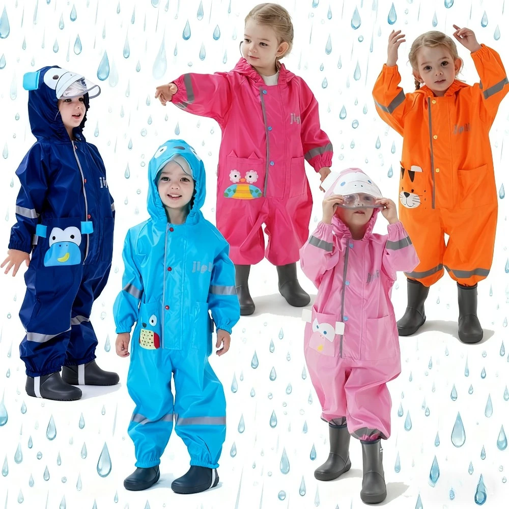 Cartoon Children Raincoat Jumpsuit Hooded One-Piece Waterproof Windproof Rainwear Hat Brim Reflective Stripe for Kids Boy Girl