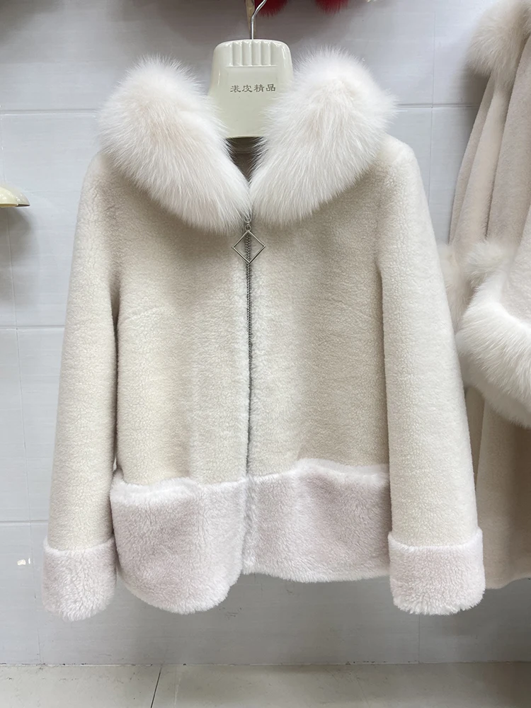 Hot Sale Women Winter 100% Woolen Coat With Natural Fox Fur Collar Wool Winter Warm Outwear