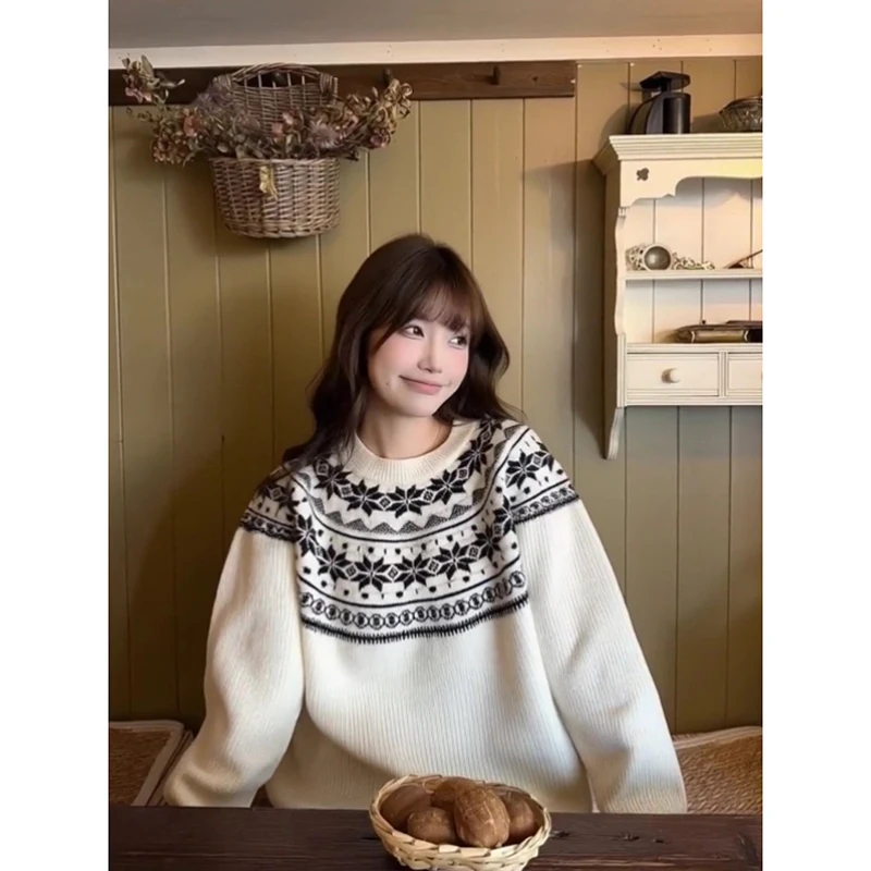 YIBASHU المرأة الأبيض منقوشة البلوز سترة Y2k خمر 2000s فحص البلوز متماسكة طويلة الأكمام س الرقبة سترة الخريف الشتاء #2