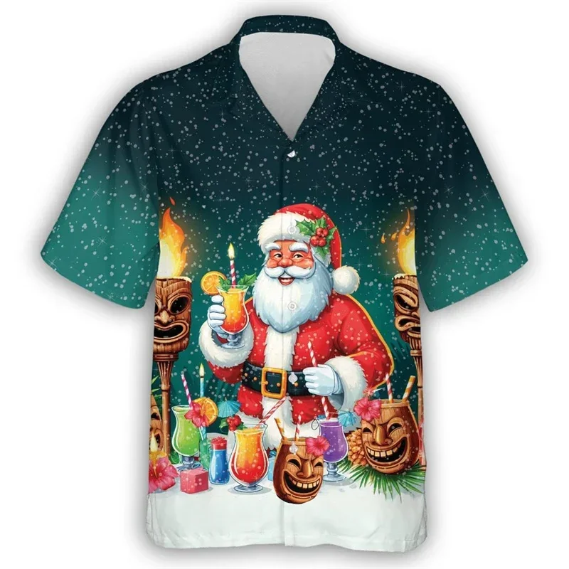 

Men's Short Sleeve Shirts 2025 New Funny Santa Claus 3D Printed Clothes Christmas Man Beach Shirt Hawaii Xmas Gifts Button Top