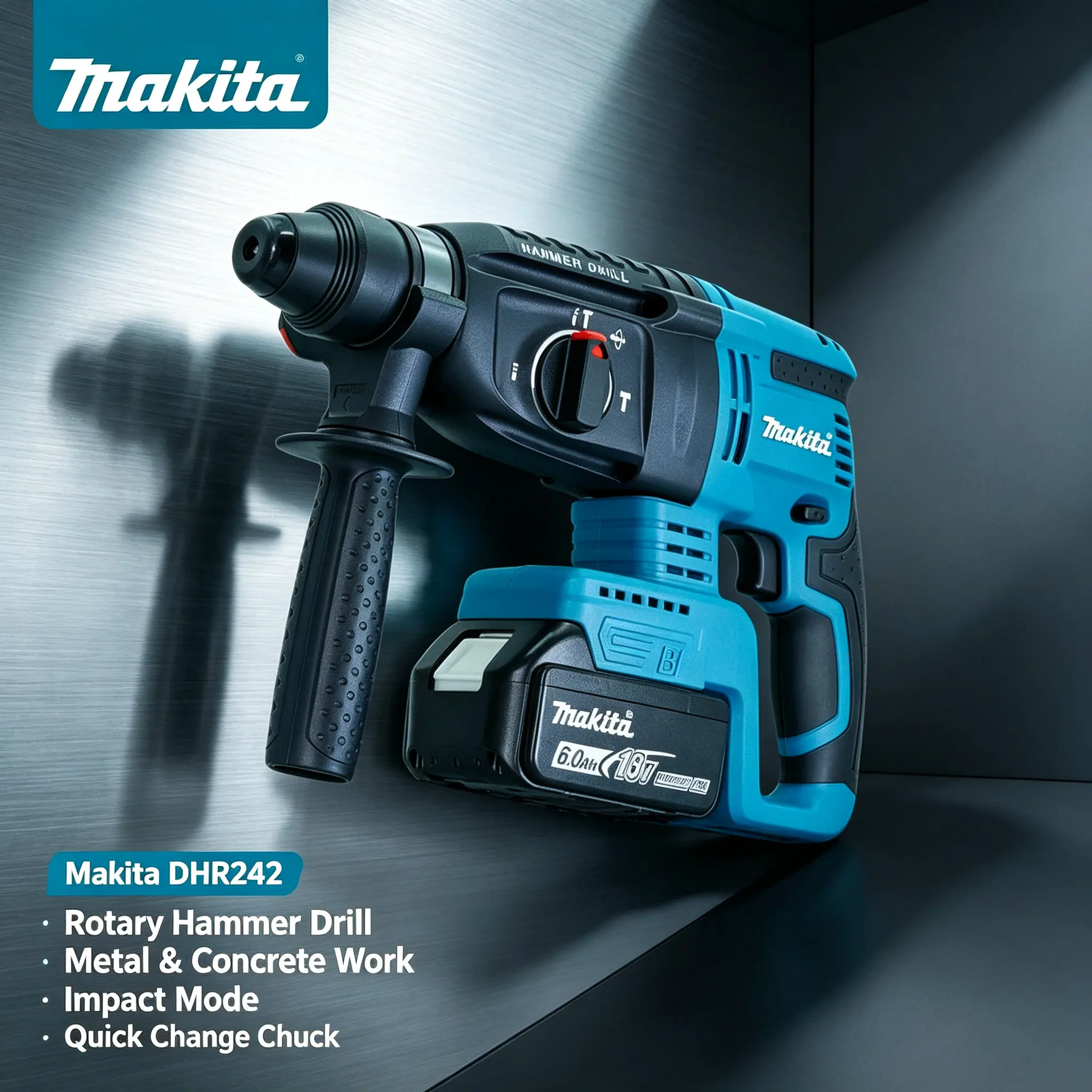 Original Makita DHR242 18V Industrie-Standard-Bohrhammer, geringe Vibration von 13,5 m/s² reduziert die Belastung des Bedieners und ermöglicht komfortablen Betrieb bei langen Bohrsitzungen.