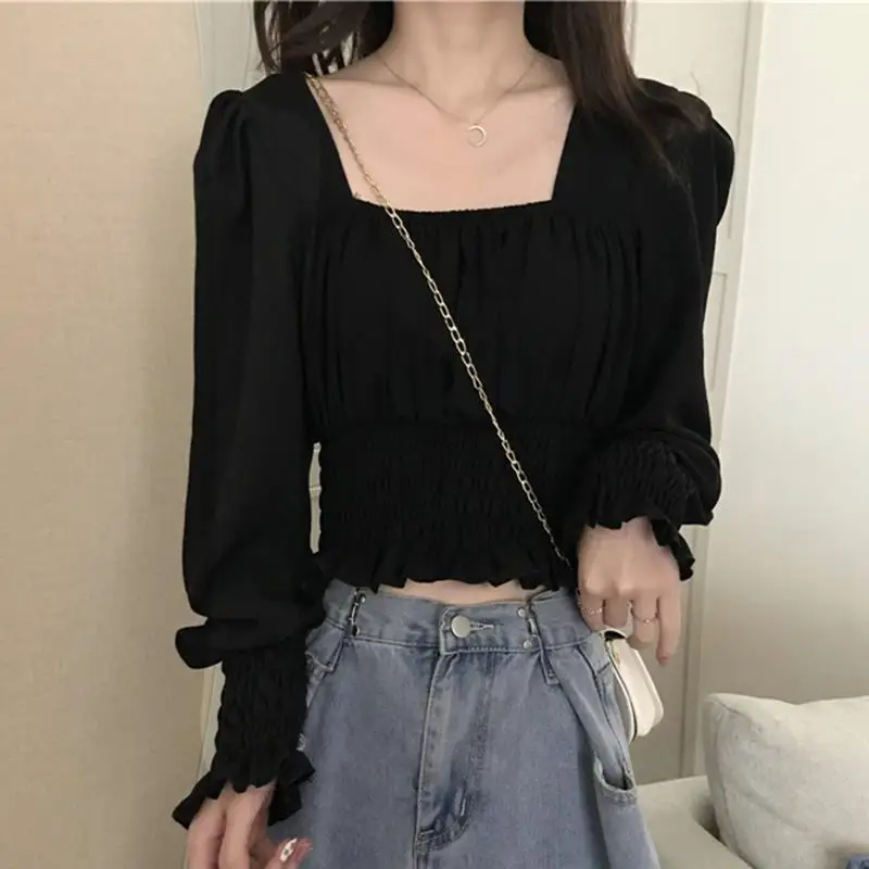 Spring Summer New Short Pleated Korean White Blouse Long Sleeve Solid Color All-match Shirt Tops Sweet Elegant Women Clothing