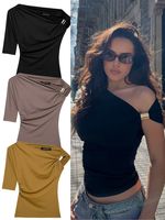 TRAFZA Vintage Women's Asymmetric Bustier Tops 2025 Female Sexy Skew Collar Off-shoulder Pleated Metal Decorate Shirt Streetwear