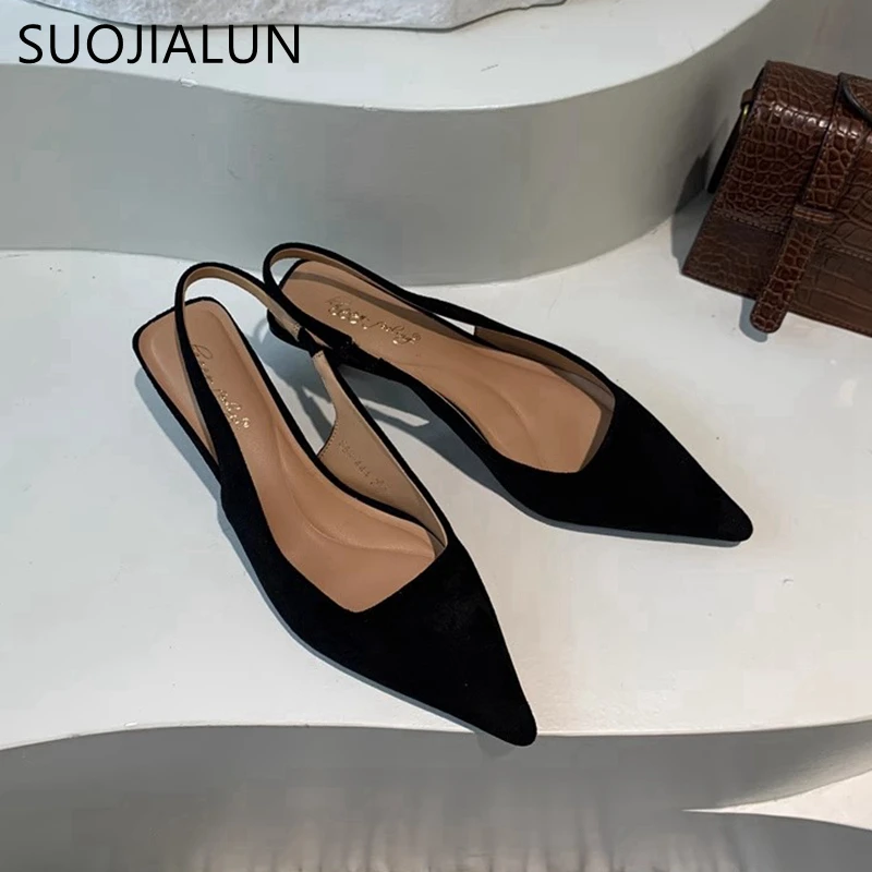 SUOJIALUN 2024 Autumn Women Sandal Shoes Fashion Pointed Toe Shallow Slip On Slingback Sandal Thin Med Heel Ladies Elegant Pumps