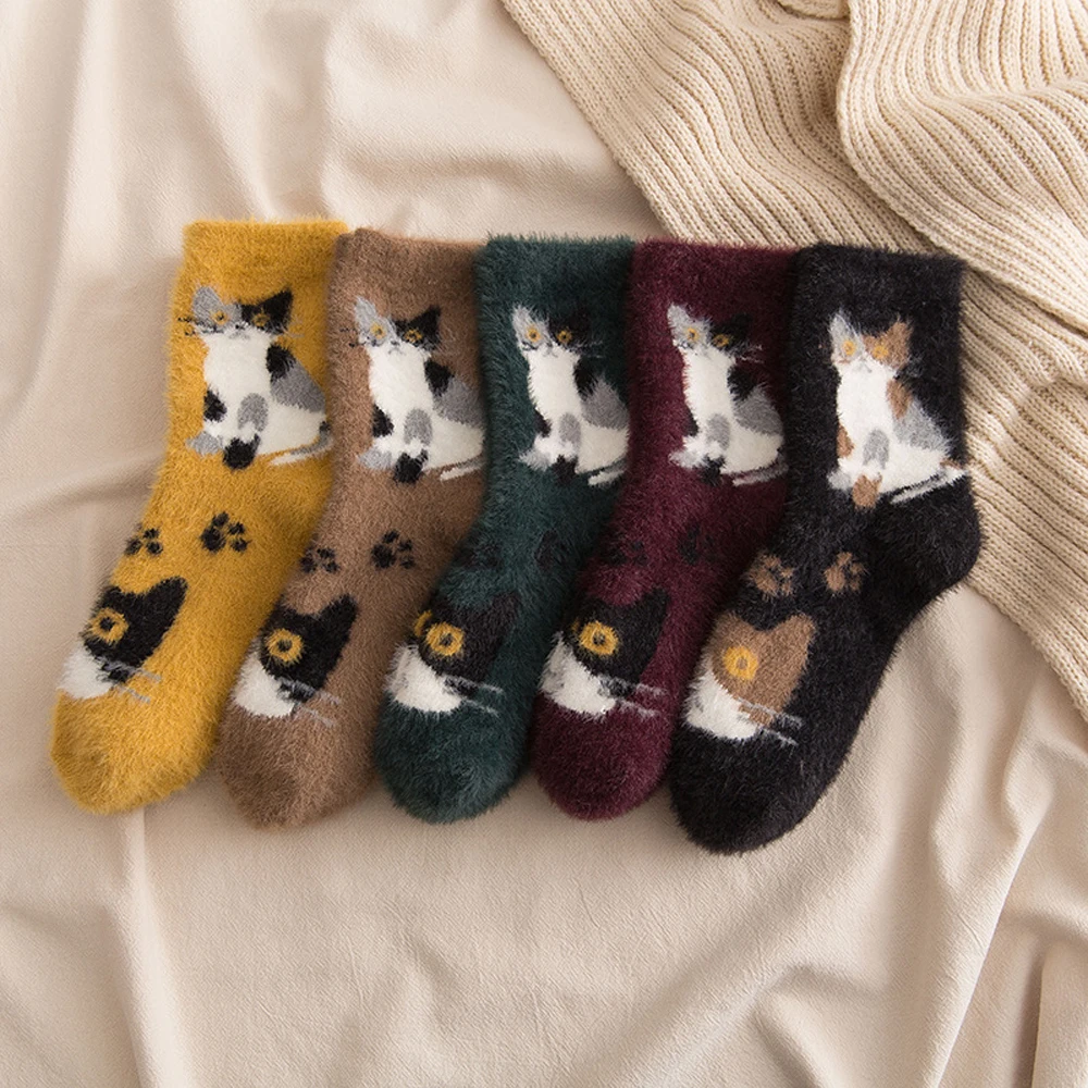 

Retro Sweet Thickening Women Vintage Warm Middle Tube Sleeping Socks Cute Cat Sock Floor Socks