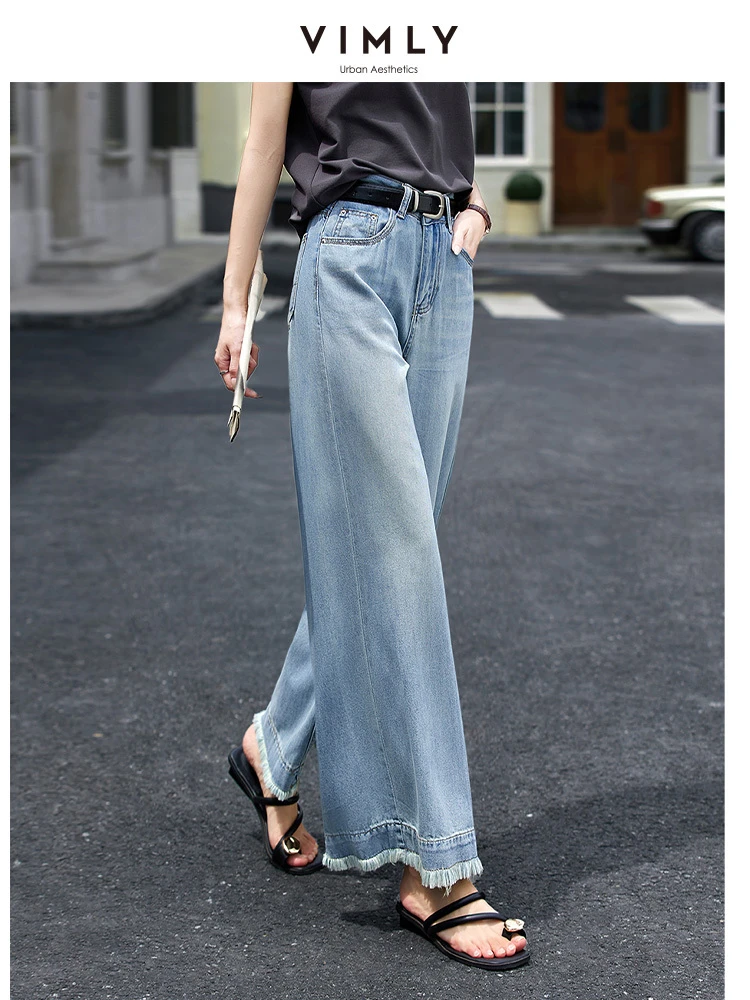 

VIMLY Raw Edges Jeans 2025 Women's Summer American Retro Denim Pants Bleached Loose Wide Leg Straight Woman Trousers 30277
