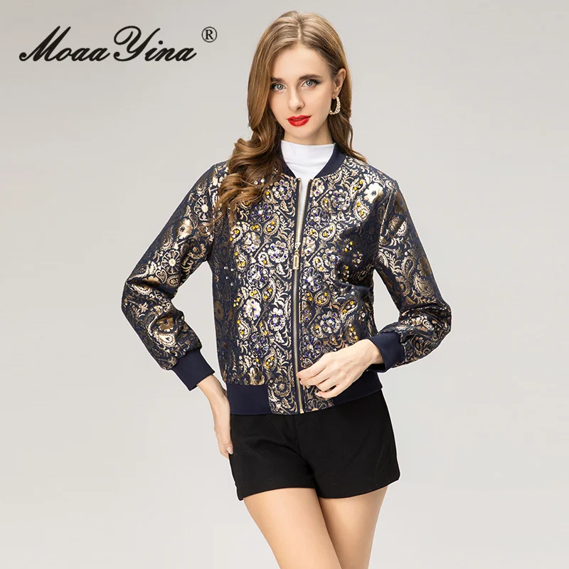 

MoaaYina 2025 Autumn and winter women's clothing nail bead jacquard exquisite printing fashionable casual coat