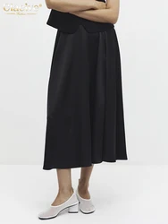 Clacive Mode Lose Schwarz Satin frauen Rock 2025, Casual Hohe Taille Midi Röcke Elegante Klassische Schlitz Rock Weibliche Kleidung