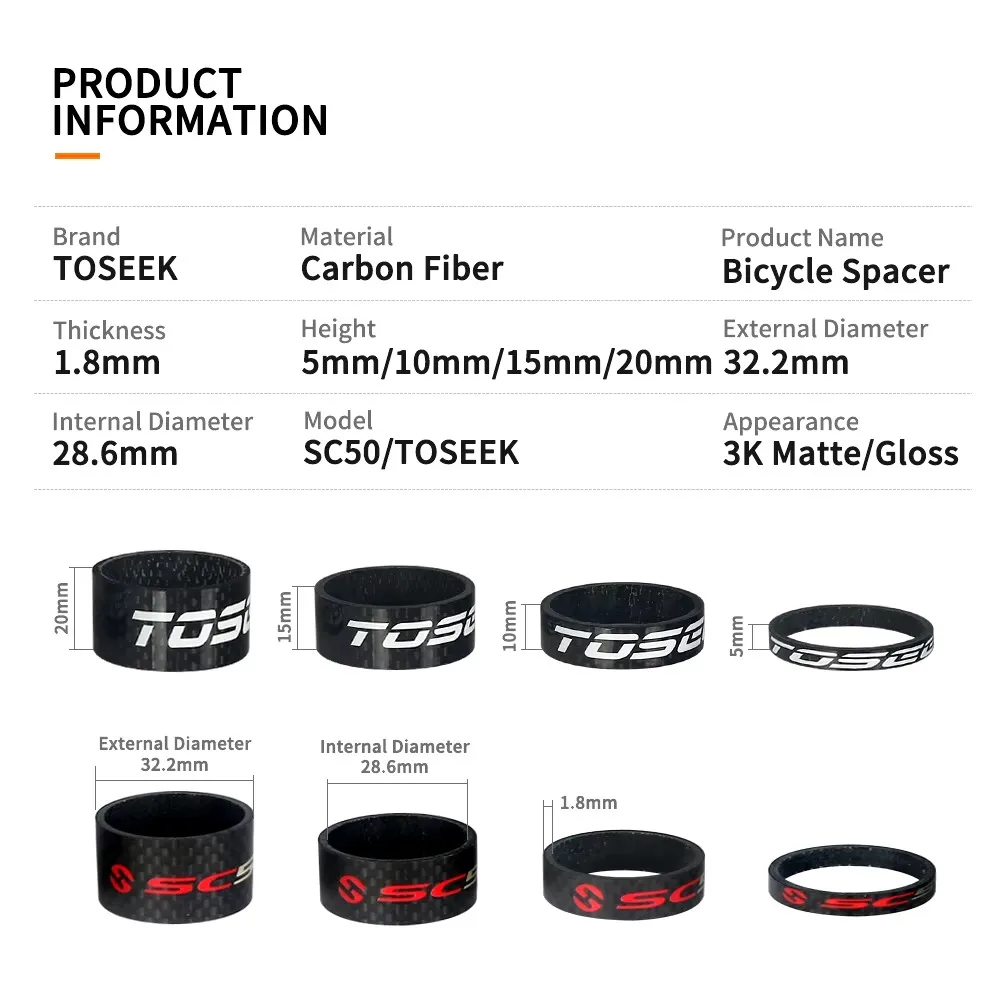 TOSEEK Carbon Fiber Headset Fork Spacers 5mm 10mm 15mm 20mm Road Bike Handlebar Washer Ring Front Fork Adjustment Spacer 28.6mm