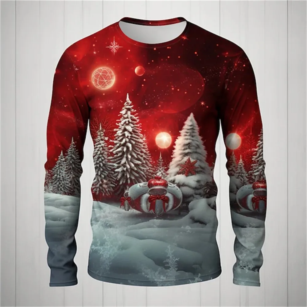 New Fun Christmas Long Sleeve T-Shirt Santa Claus Pattern Sweatshirt Men Role Play Pullover Boys Round Neck Polyester Sweatshirt
