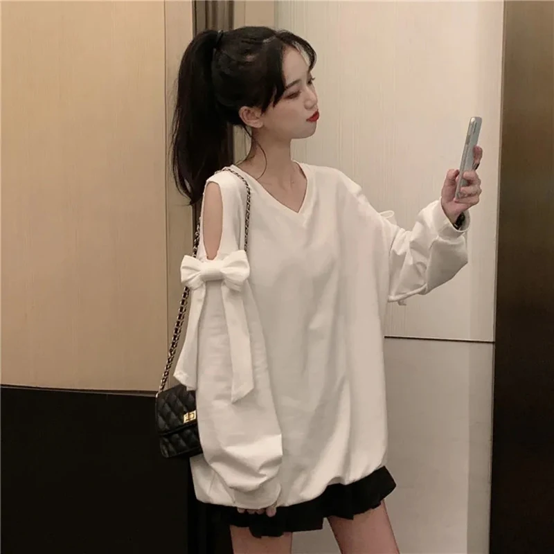 Chic Fashion Bow Off Shoulder Pullover White Sweet Cute New Loose Tops Korean All Match Ins V Neck Long Sleeve Jumpers Female