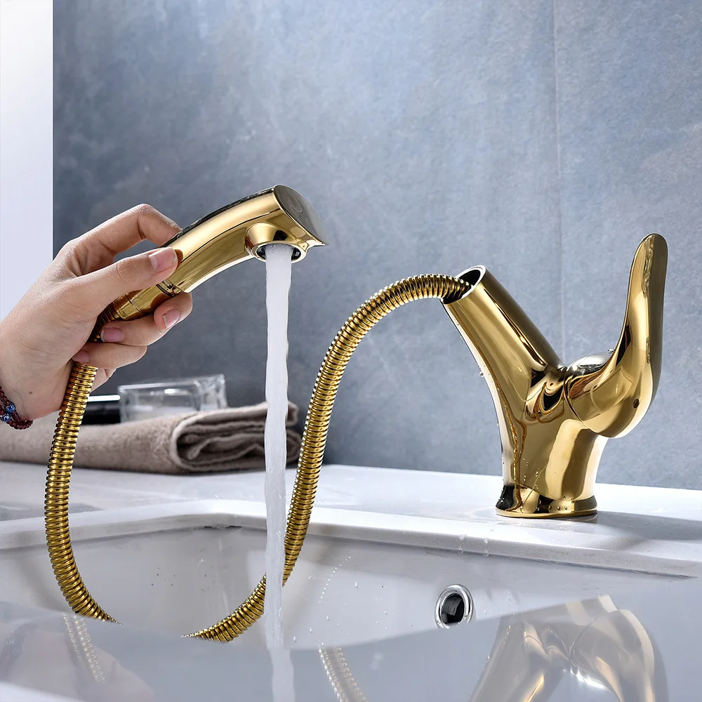 Luxury Brass Pull out Bathroom sink faucet 1 Hole 1 Handle Basin mixer Tap Cold hot water Bathroom faucet Popular Tap