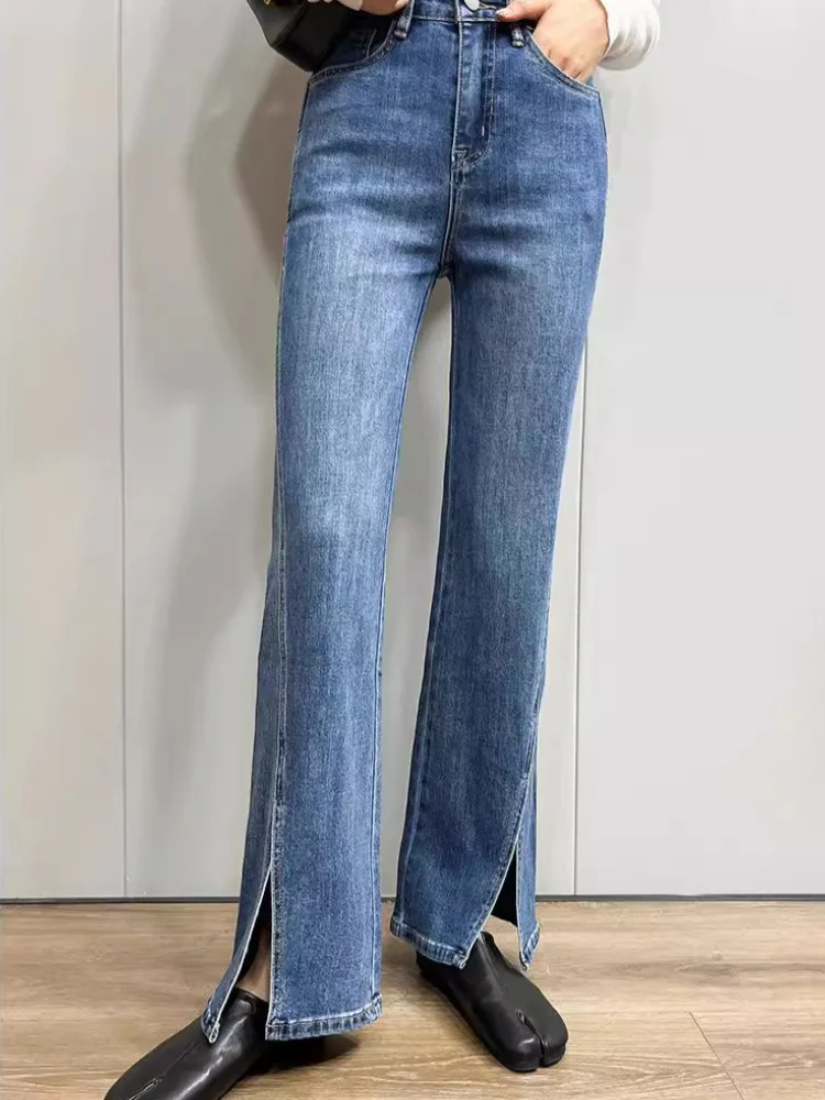 Flared Leg  Cotton Jeans High Waist Slit-hem Bootcut Denim Pants Trousers Autumn/Winter Woman Clothing