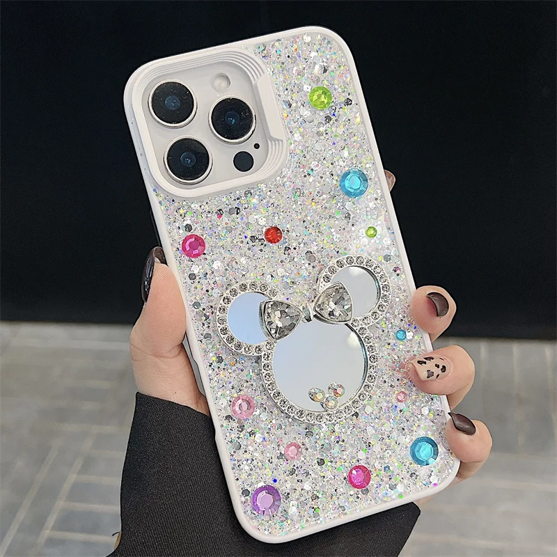 Cute Diamond Bow Mickey Minnie Mirror Bling Glitte Phone Case For iPhone 11 12 13 14 15 16 Pro Max Love Heart Bling Mirror Cover