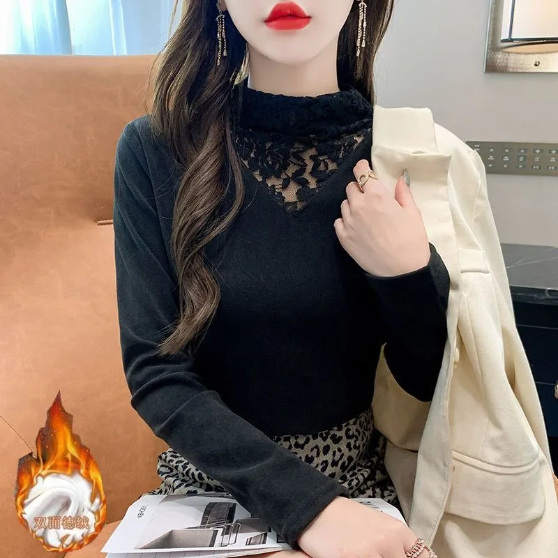 

Lace Half Turtleneck German Velvet Base Shirt for Women's Autumn and Winter New Sweater Fashionable Slim Thick Top