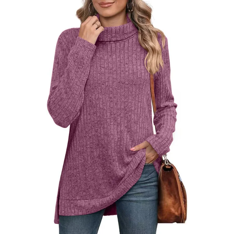 Camiseta holgada de cuello alto para mujer, Top holgado con corte dividido, ropa de ocio para oficina, otoño e invierno, 2023