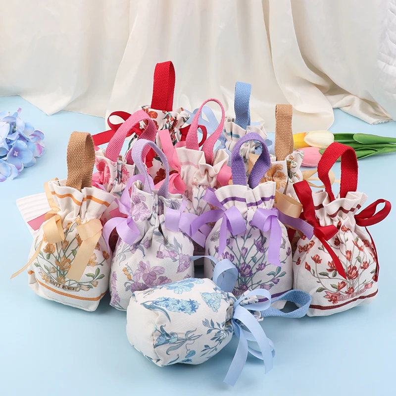 1Pc Retro Canvas Flower Drawstring Handheld Candy Bags Wedding Gifts Packing Bags Portable Candy Storage Bags Handbag