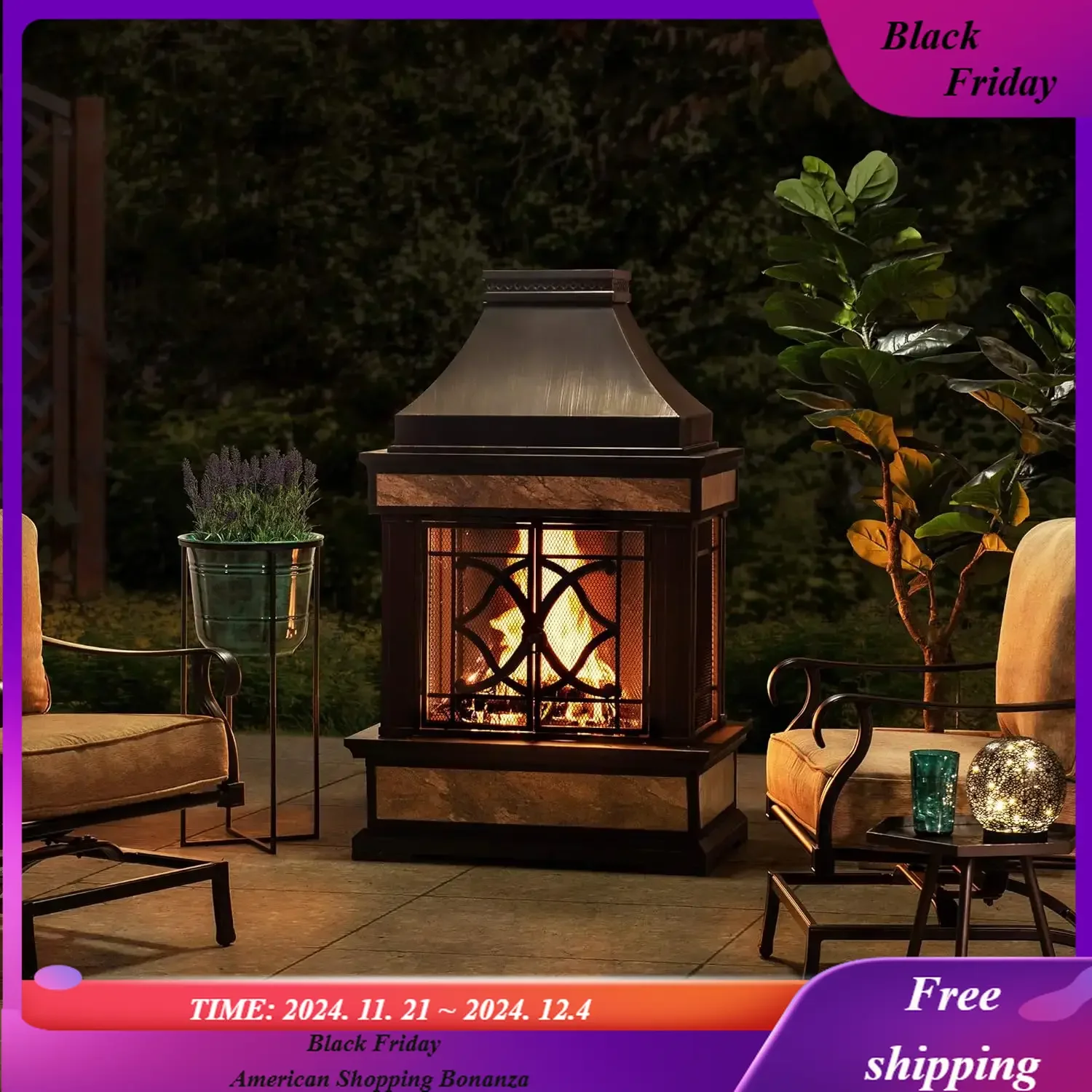 Outdoor Fireplace, Heirloom Patio Wood Burning Steel Fireplace with Chimney, Spark Screen, Fire Poker, and Removable Grate