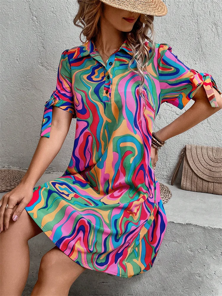 Vestido camisero estampado, Falda larga de estilo informal, sexy y elegante, 2024