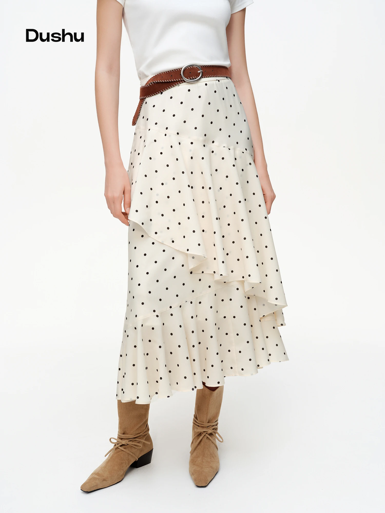 

DUSHU 【Polka Dot Waltz】Women's Irregular Ruffled Hem Midi Skirt 2026 Spring New Arrival Skirt Collection Circular Dot Mini Skirt