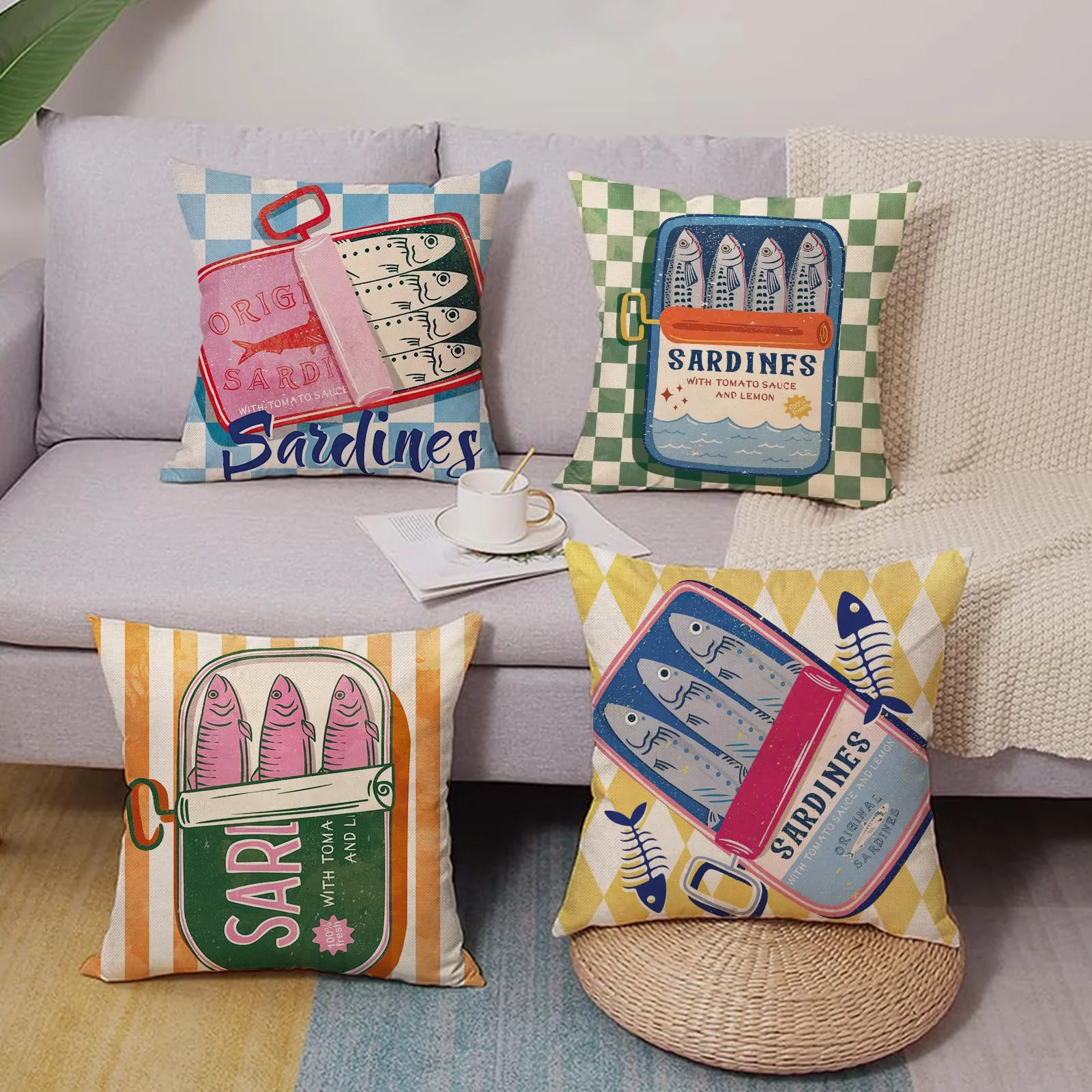 VIKAMA Sardine Canned Food Decorative Throw Cushion Set for Living Room Sofa Cushion Cover with Invisible Zipper Home Decor