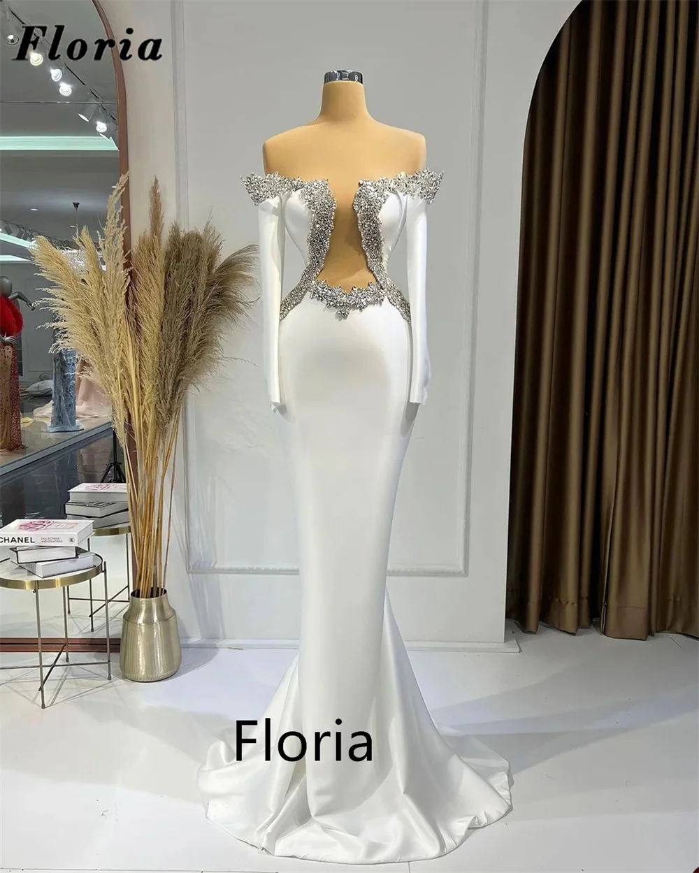 Floria Elegant Off Shoulder Evening Dresses Dubai Arabic Mermaid Long Prom Gowns Pageant Beading Crystal Wedding Party Dresses