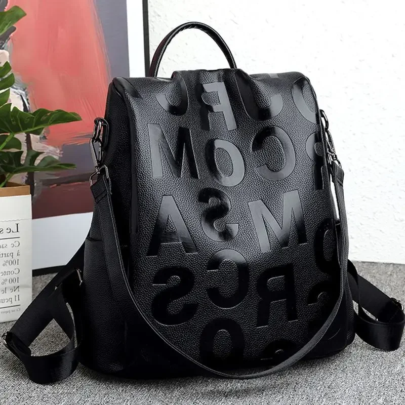 Fashion Letter Women\'s Anti theft Backpack High Quality PU Leather Female Shoulder Bags Waterproof School Bag For Girl Mochila