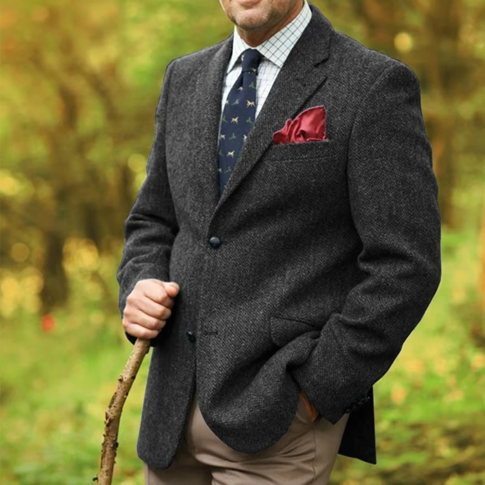 سترة بدلة بنمط متعرجة رمادية للرجال سترة كلاسيكية واحدة الصدر غير رسمية للتنقل في الخريف 2025